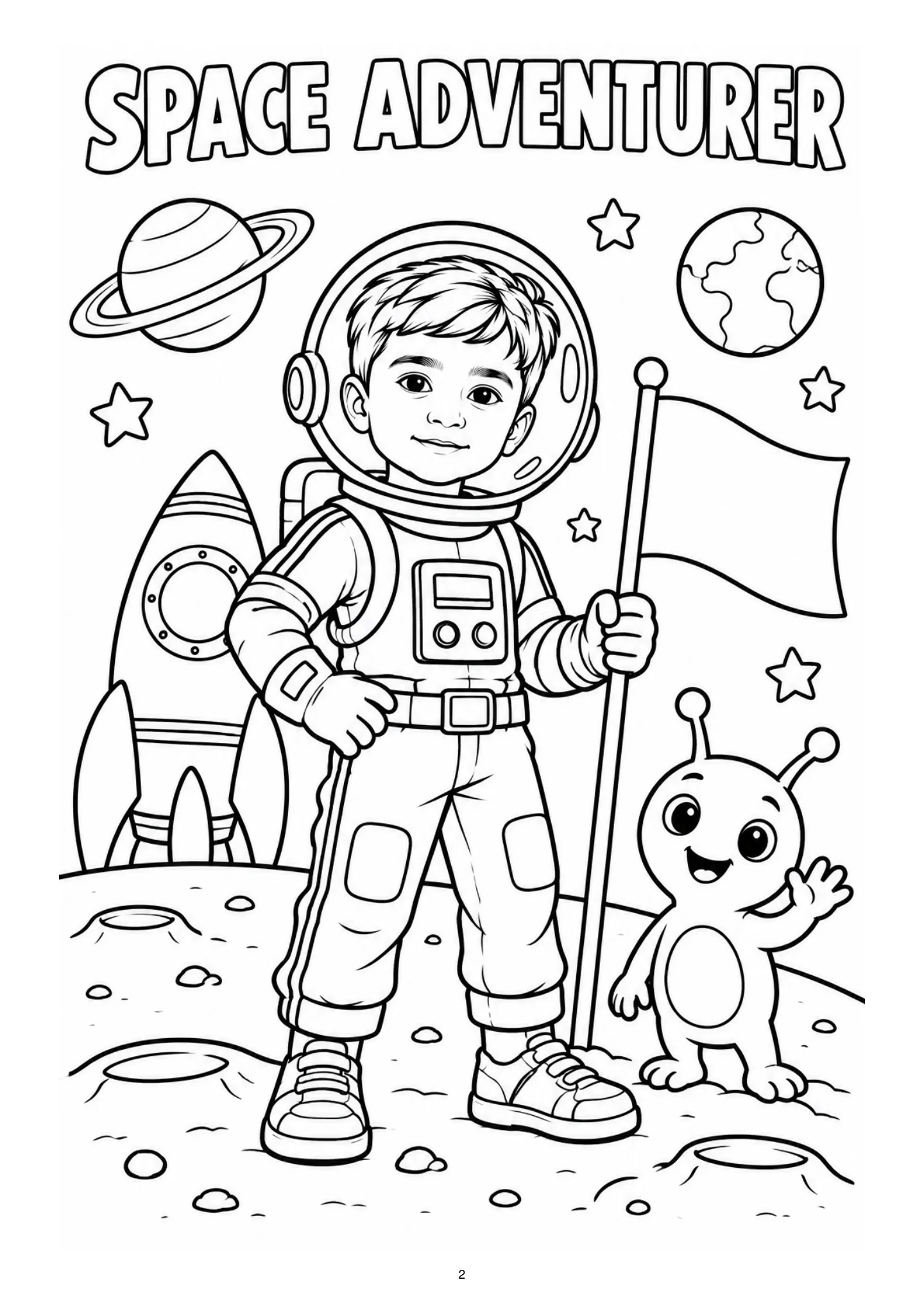 A child astronaut stands beside a rocket and friendly alien. Black-and-white coloring page.