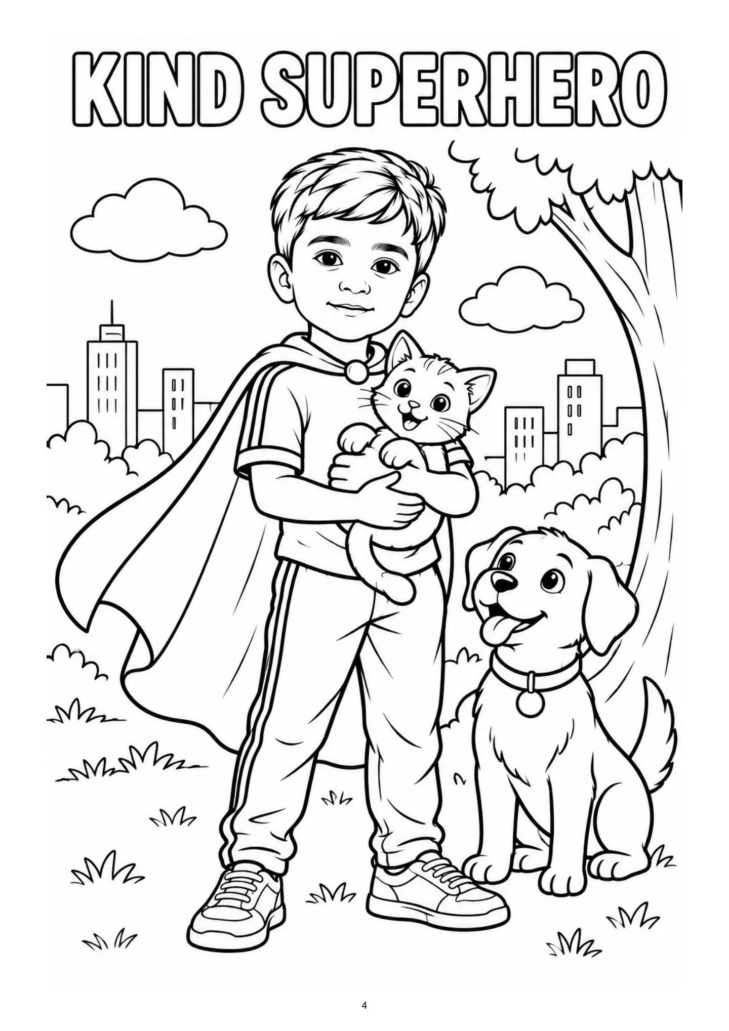 A child superhero holds a kitten beside a dog. Black-and-white coloring page.