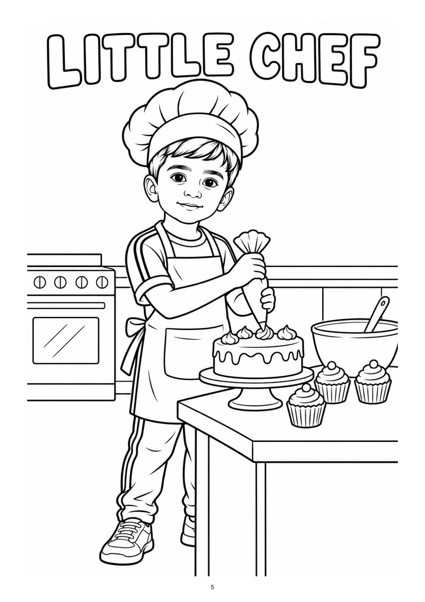 A child chef decorates a cake in a kitchen. Black-and-white coloring page.