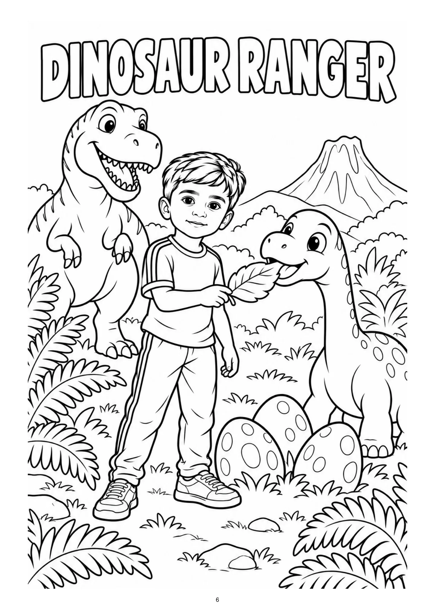 A child meets dinosaurs beside a nest of eggs. Black-and-white coloring page.