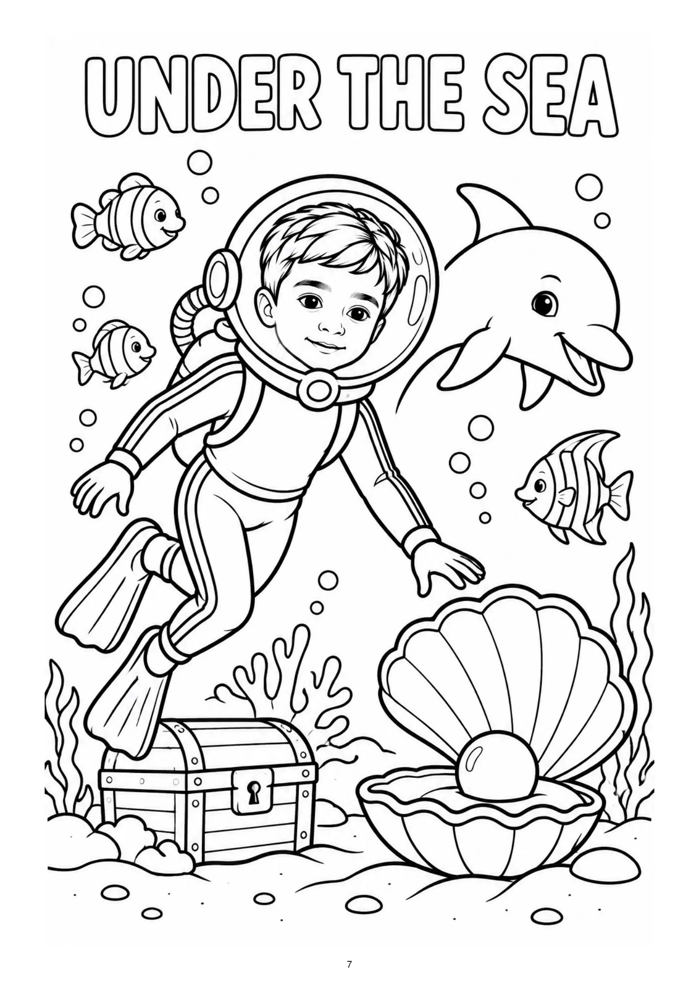 A child diver explores the ocean with a dolphin and fish. Black-and-white coloring page.