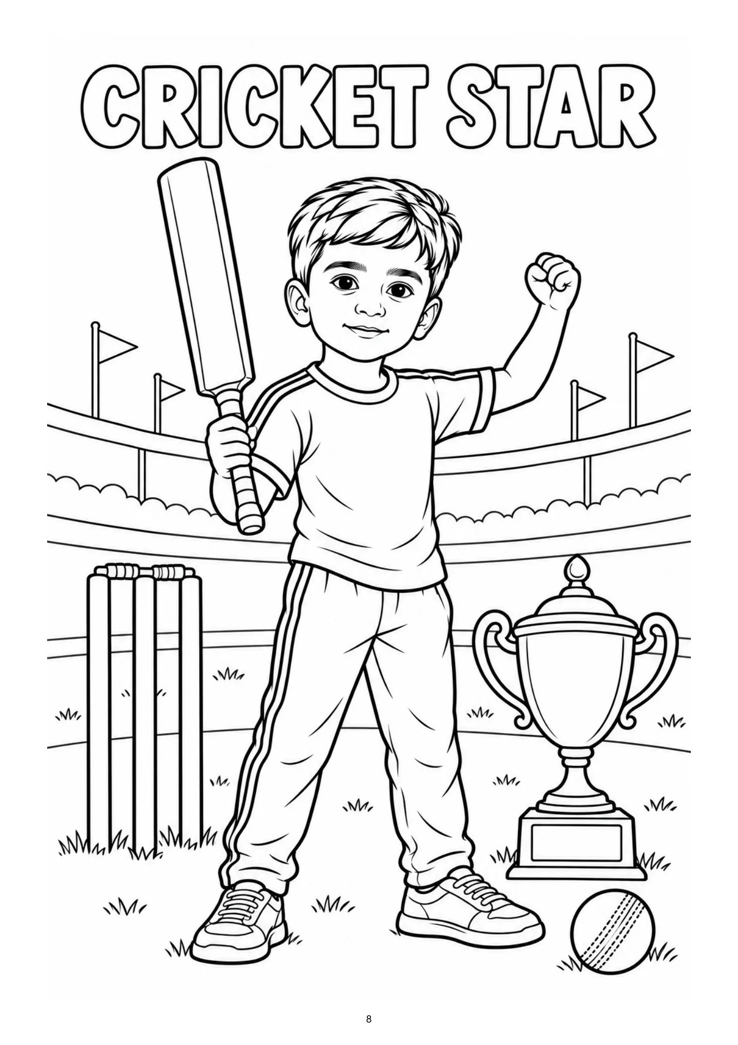 A child cricketer celebrates with a bat beside a trophy. Black-and-white coloring page.