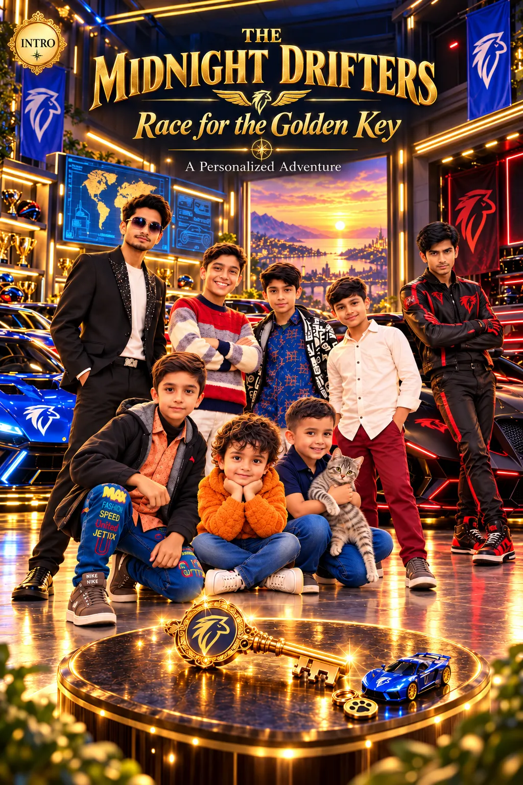 The Midnight Drifters opening artwork with the cast and racing cars in a golden-lit garage