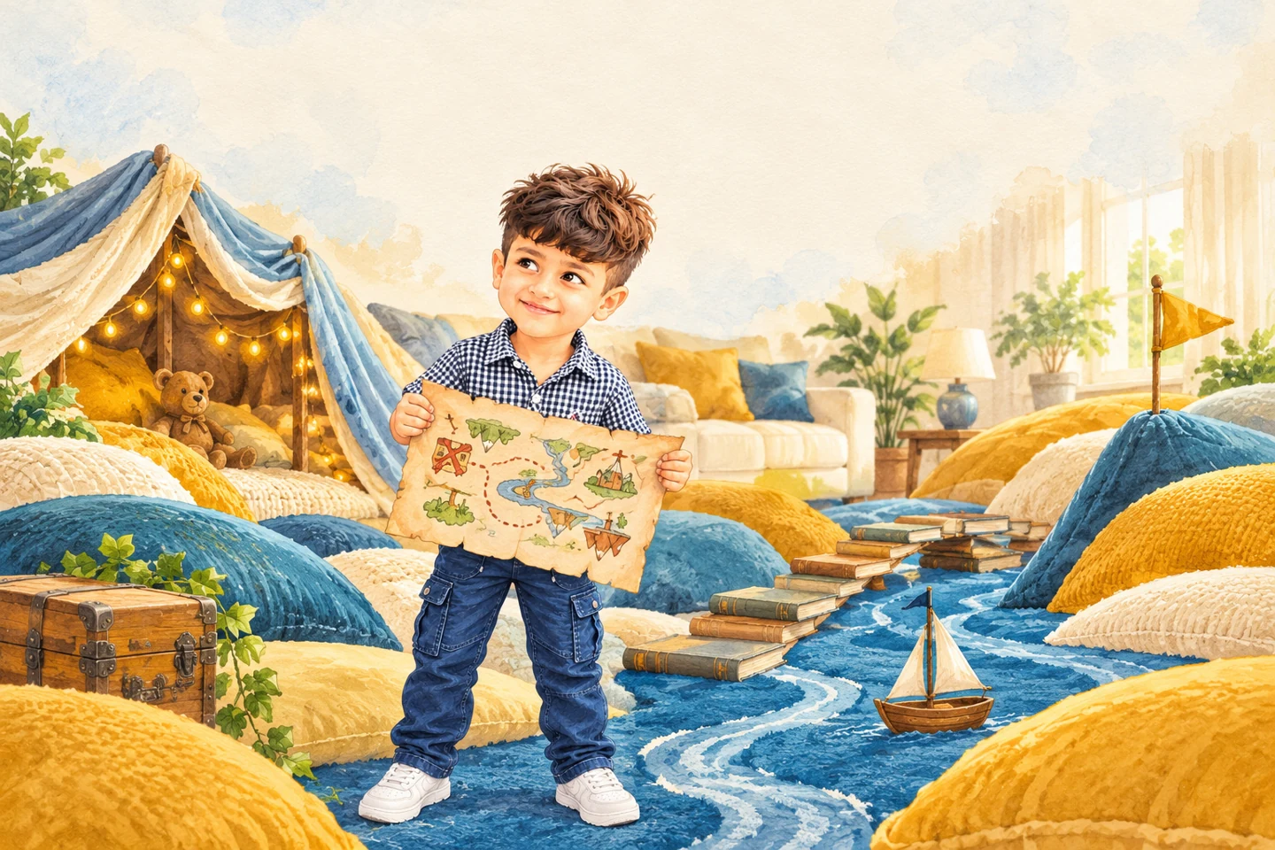 Illustrated child holding a map in a colorful landscape of cushion hills