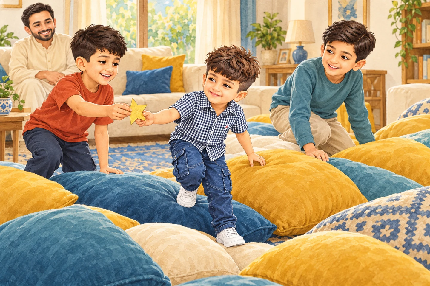 The children explore hills made from colorful living-room cushions