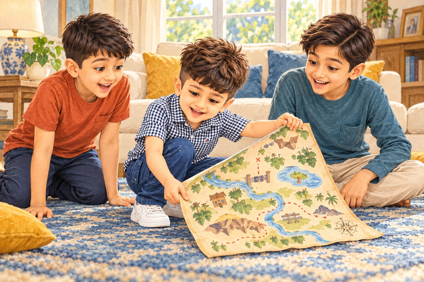 Three illustrated children discover a map together on a living-room rug