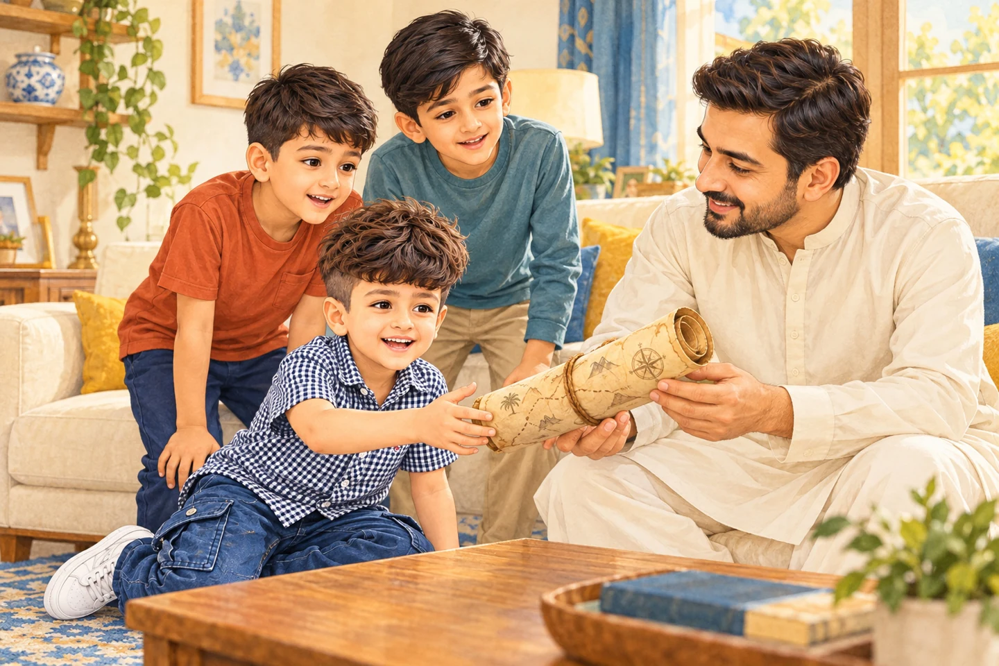 Baba shows the illustrated children a treasure map at home