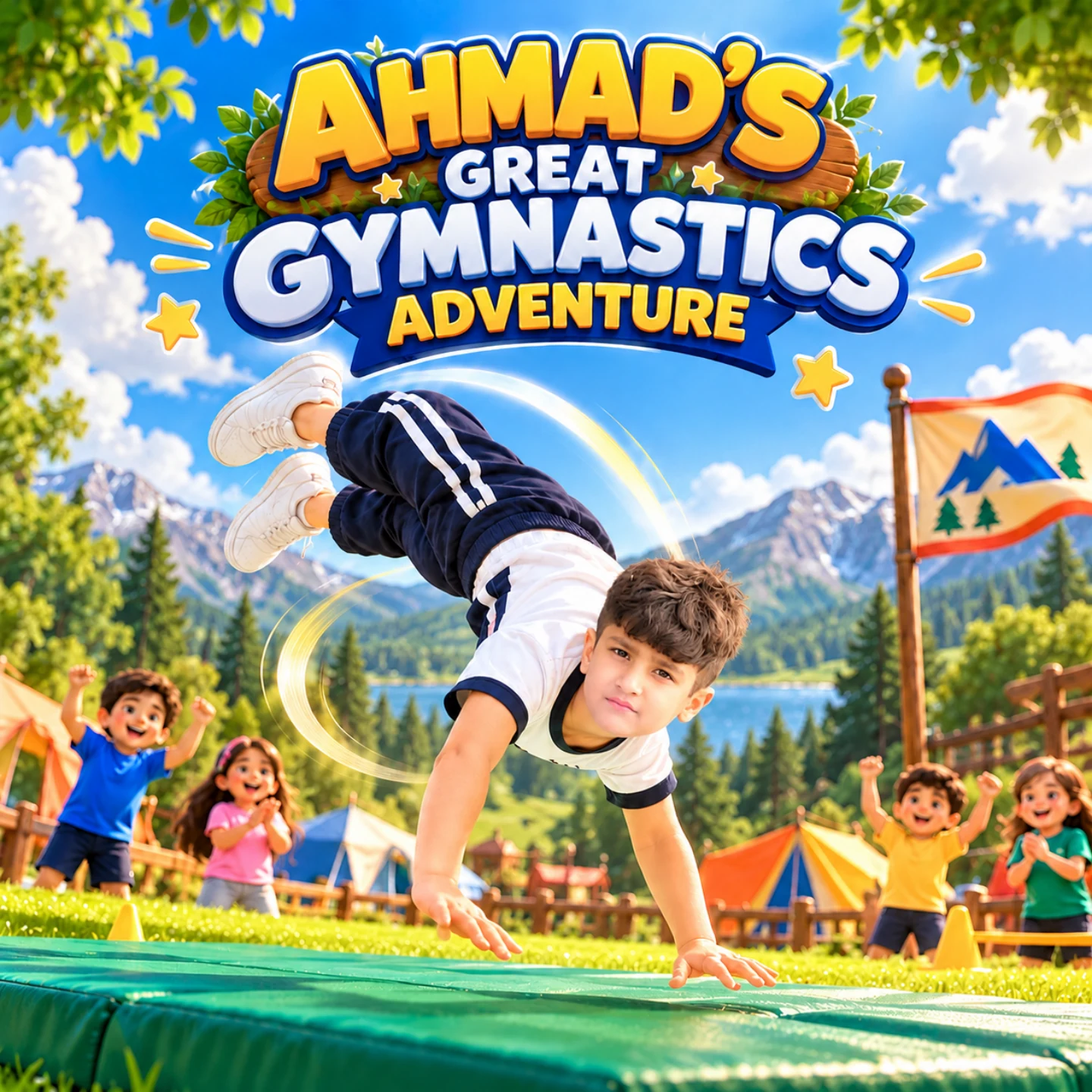Illustrated cover of Ahmad’s Great Gymnastics Adventure, with a young gymnast at a mountain camp