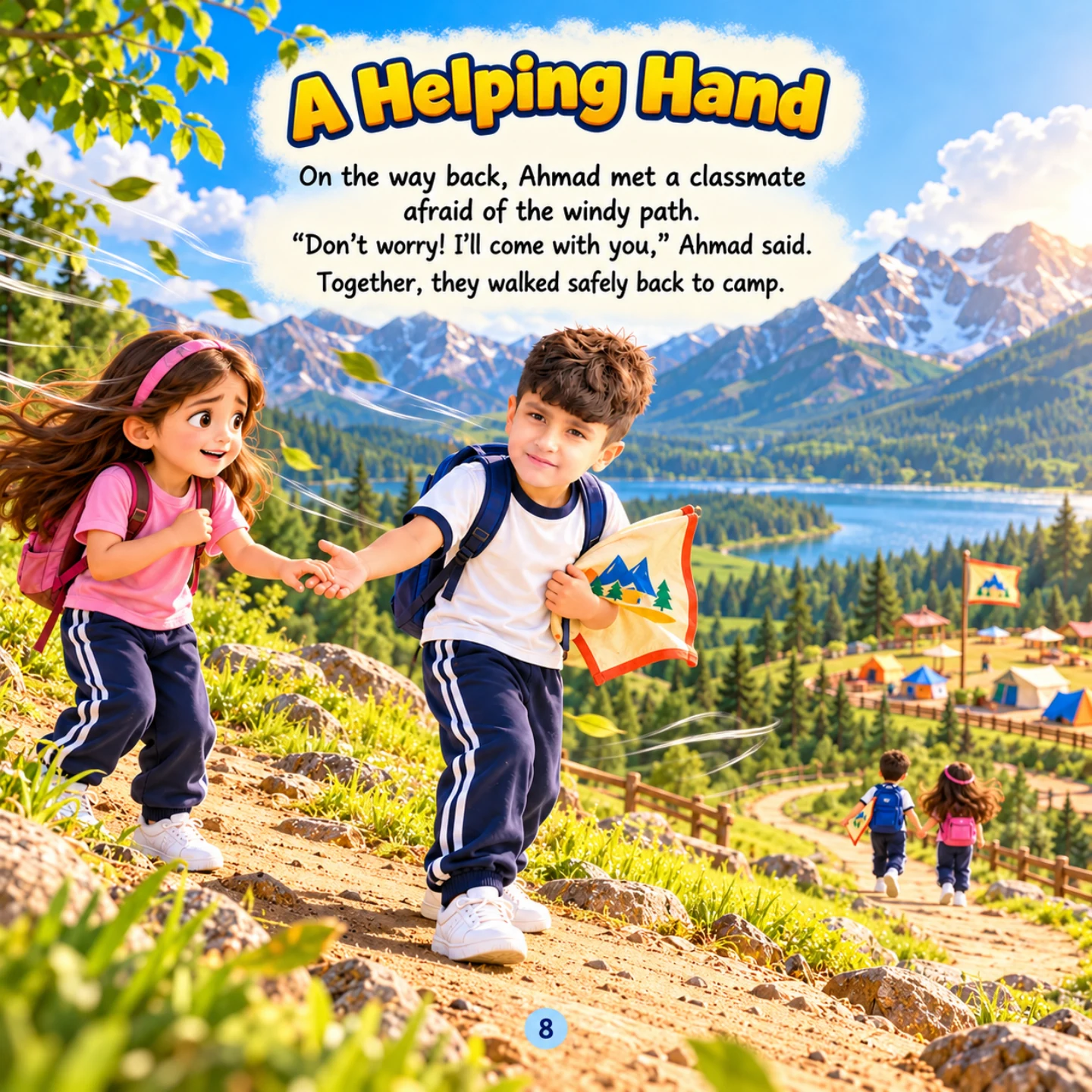 Ahmad offers a hand to a classmate on the mountain path