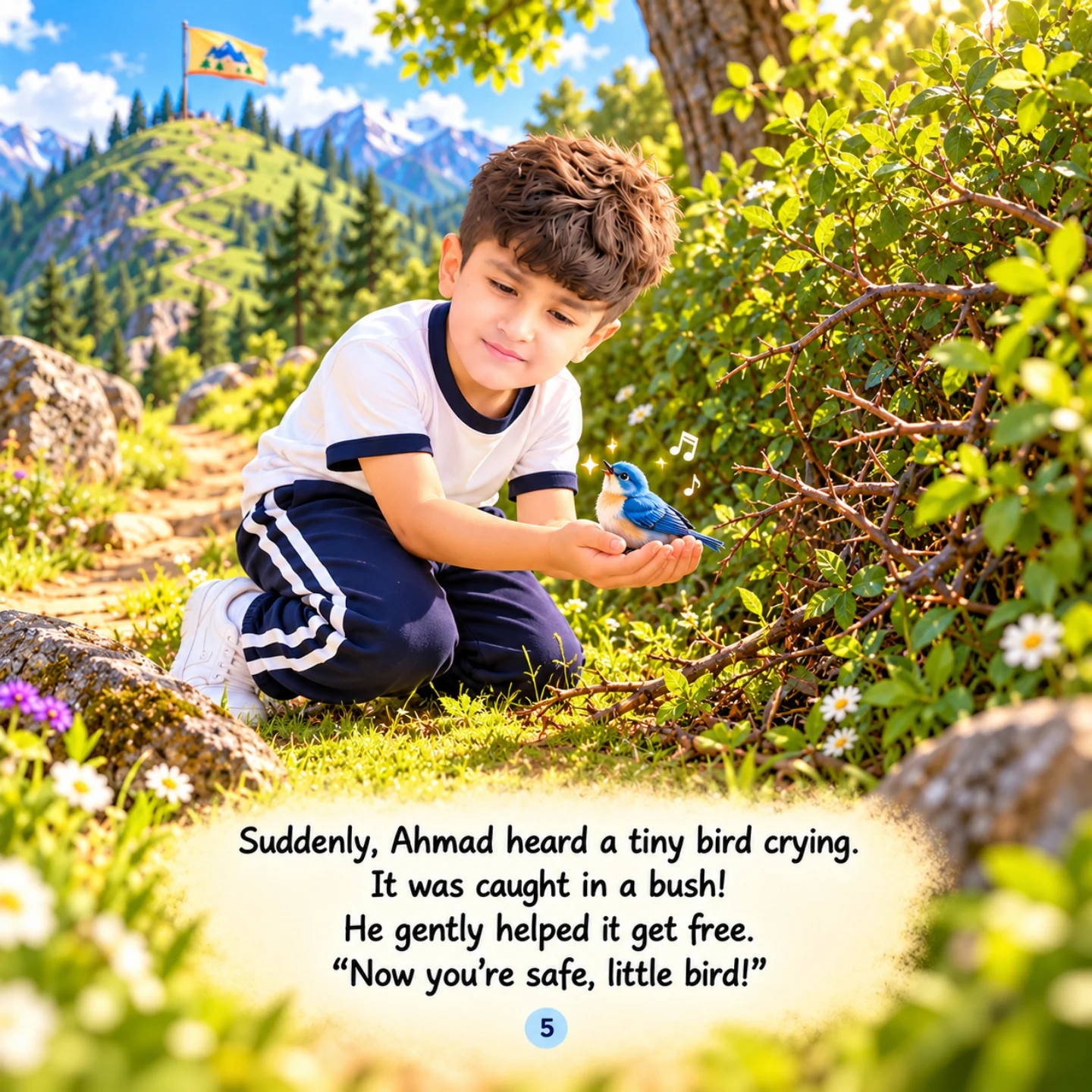 The illustrated child gently helps a small bird beside a mountain path