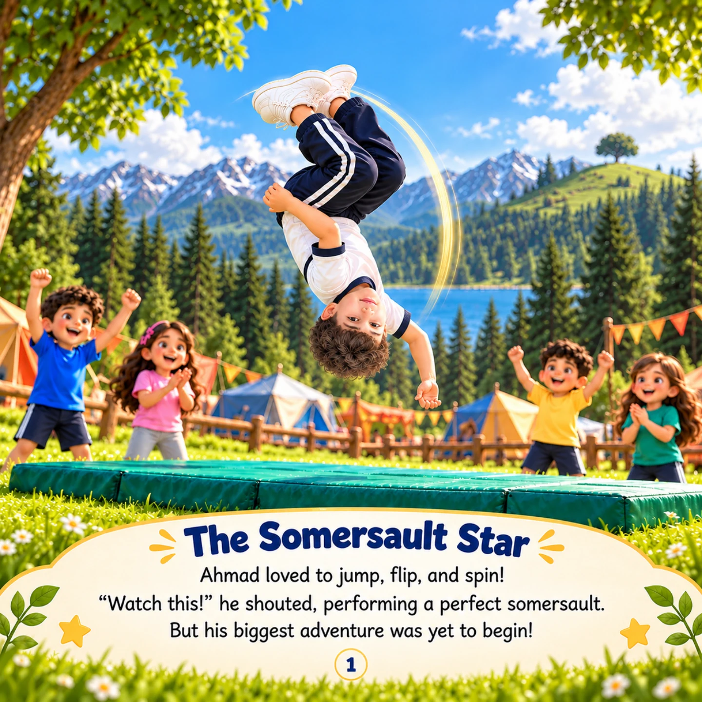 The illustrated gymnast performs a somersault while other children watch at camp