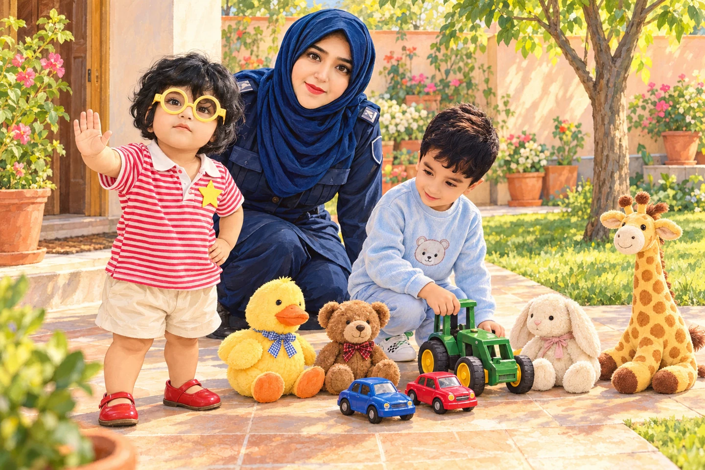 Illustrated mother and two children with colorful toys in a flower-filled garden