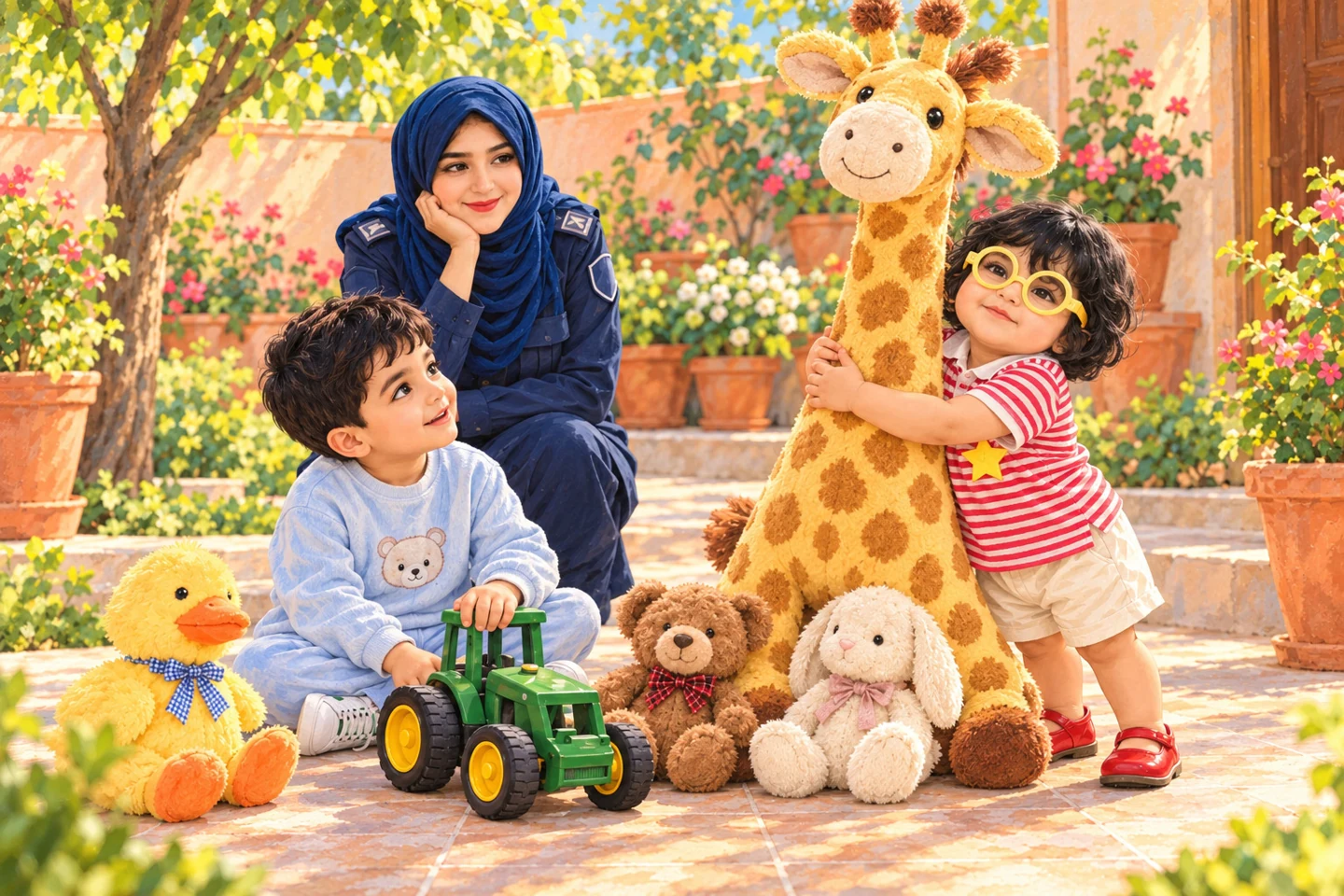 A tall toy giraffe joins the children and their garden toys