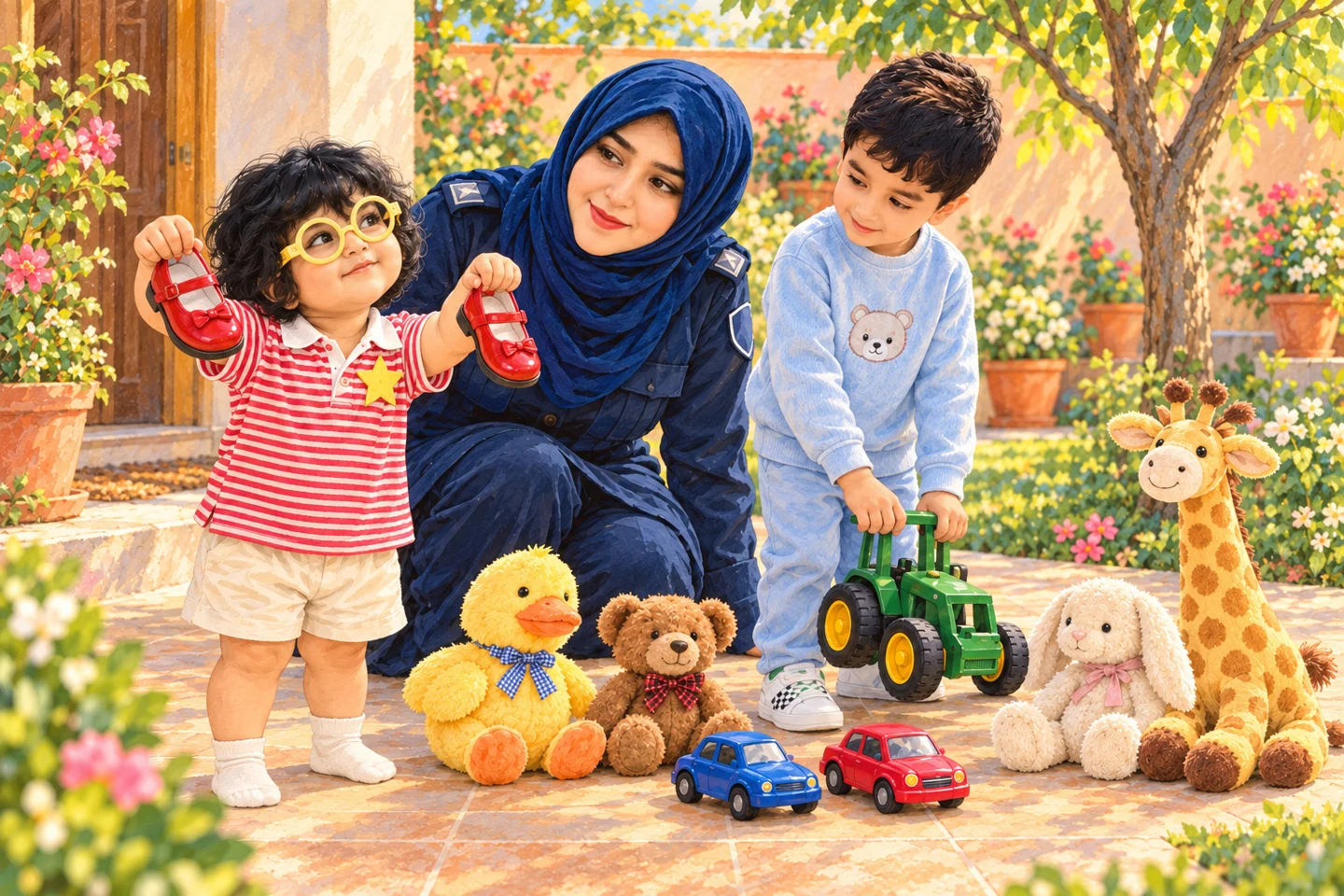 Mama Madi and the children prepare for play in the garden