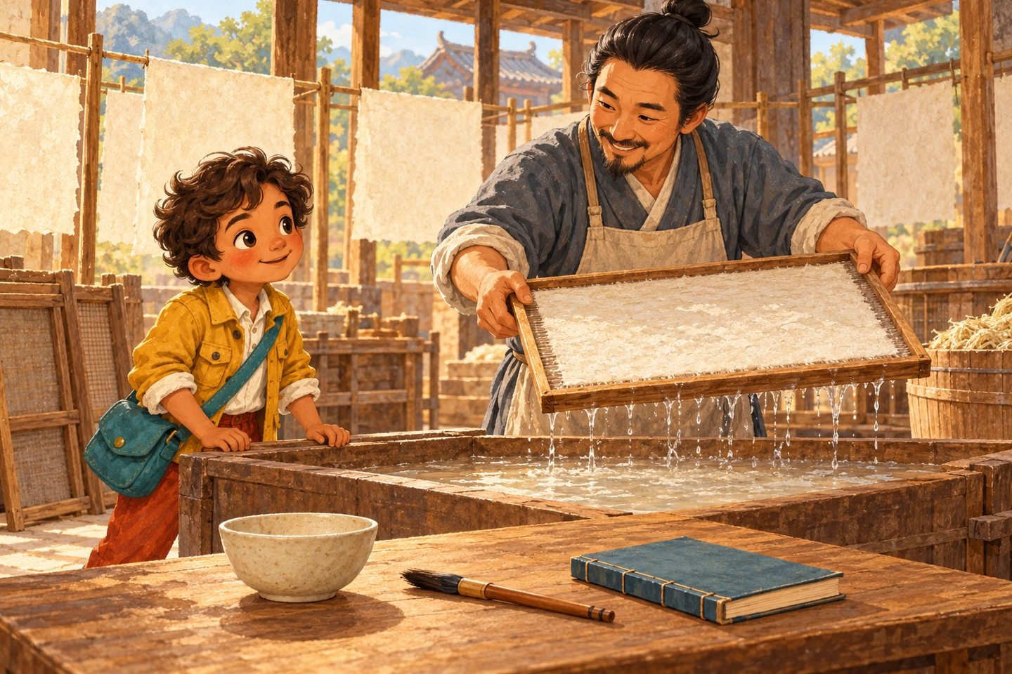 Fictional explorer watches a paper-maker lift a screen beside a bowl, a brush and a book.
