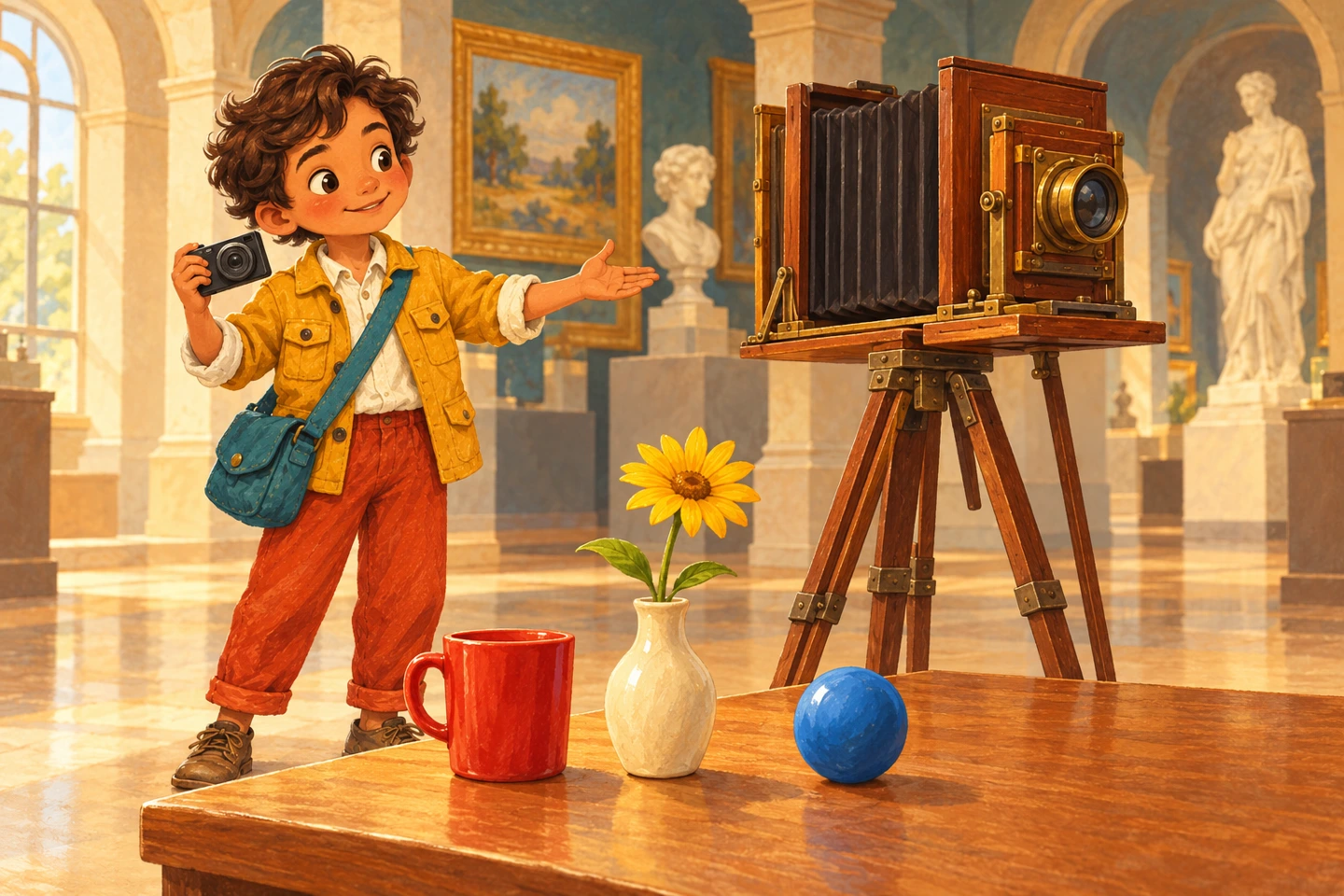 Fictional explorer compares an early bellows camera and a modern camera beside a red mug, yellow flower and blue ball.