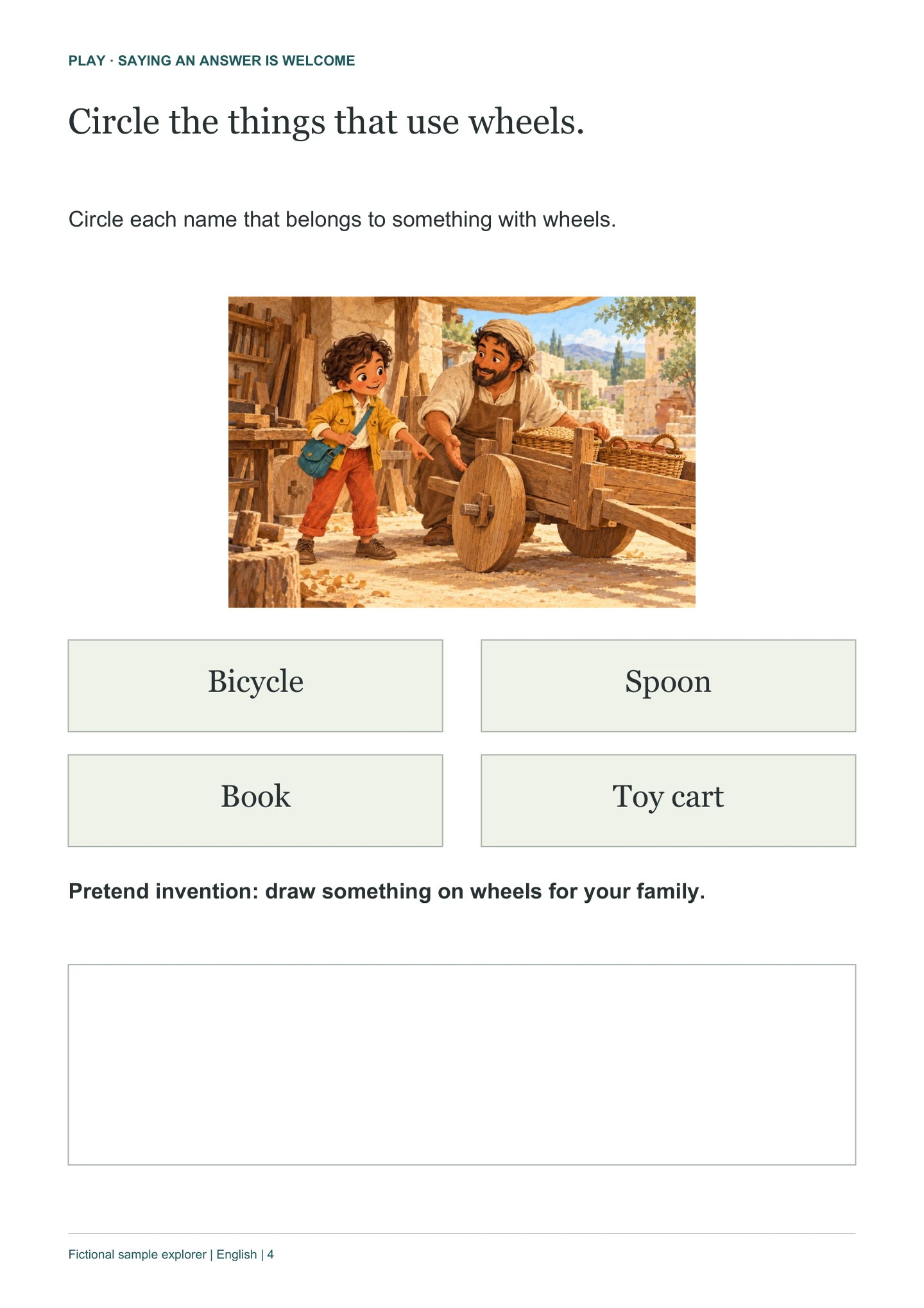 Actual sample PDF worksheet with objects to circle and space to draw a wheeled invention.