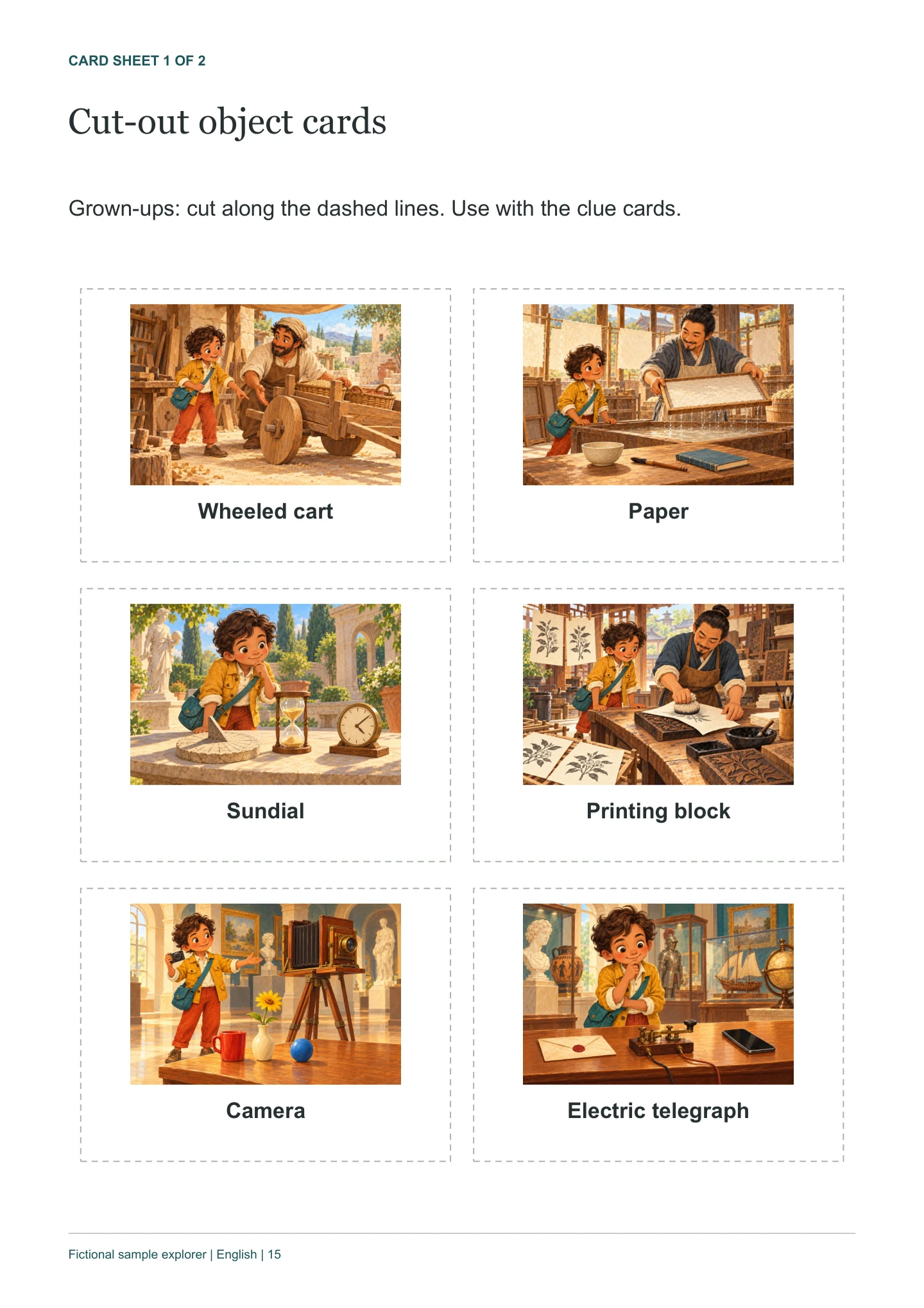 Actual sample PDF with six equally sized cut-out object cards and dashed cut lines.