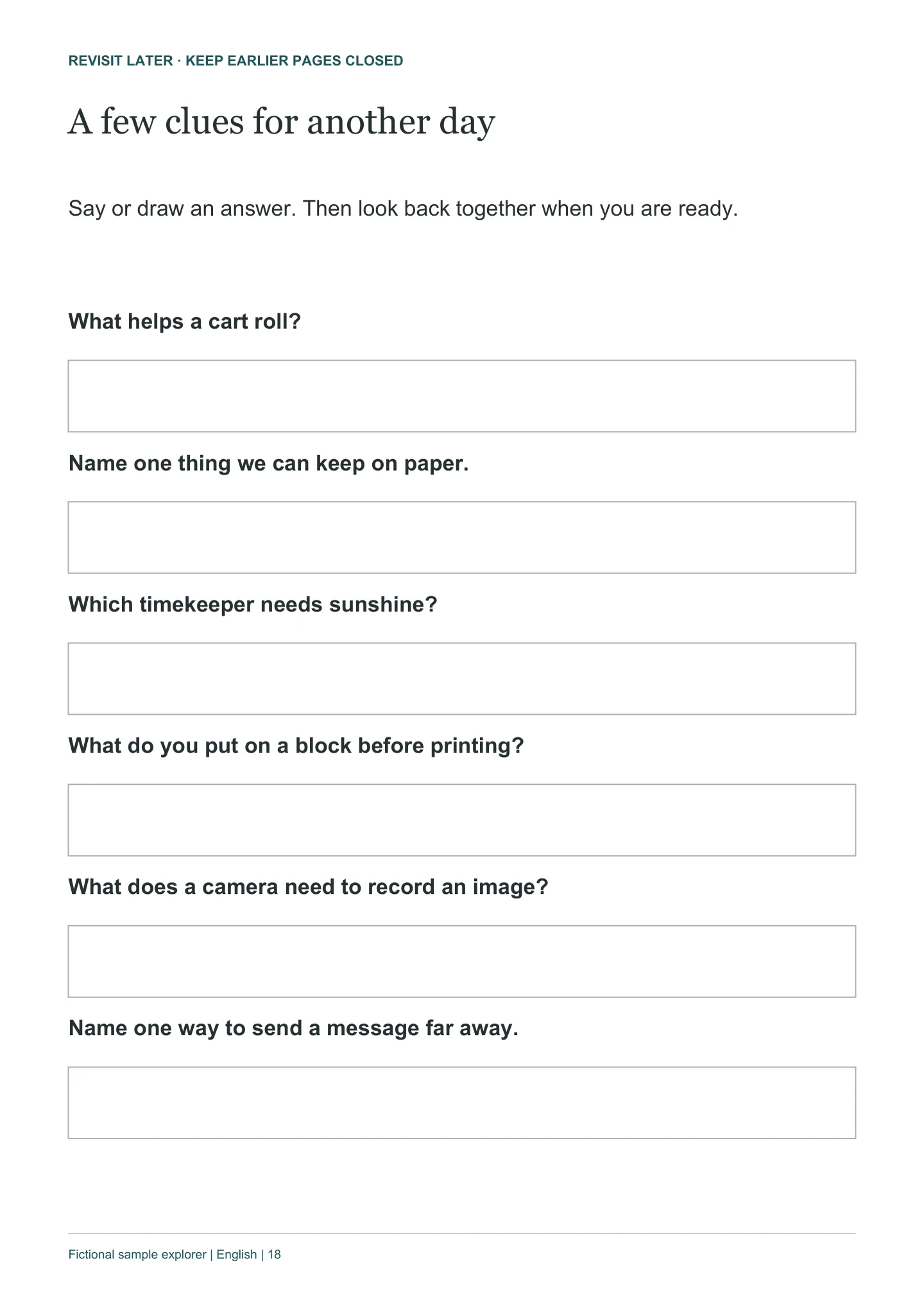 Actual sample PDF revisit page with six prompts and empty answer spaces.