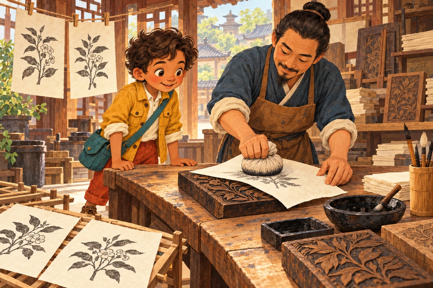 Fictional explorer watches a printer use an inked wooden block to make repeated pages in an imagined workshop.