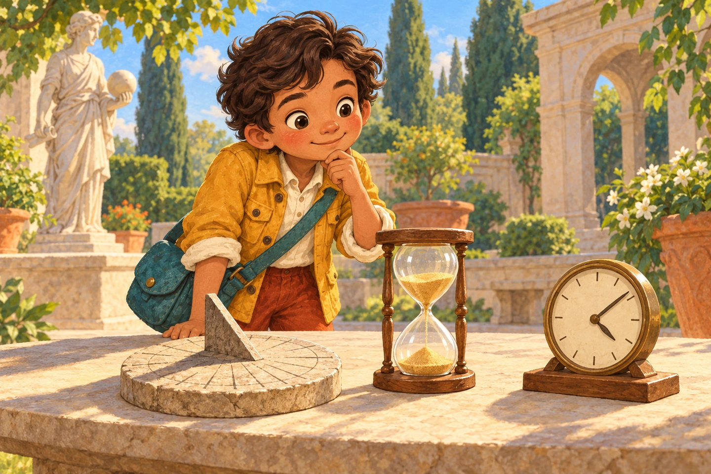 Fictional explorer examines a sundial, an hourglass and a clock in an imaginary museum garden.