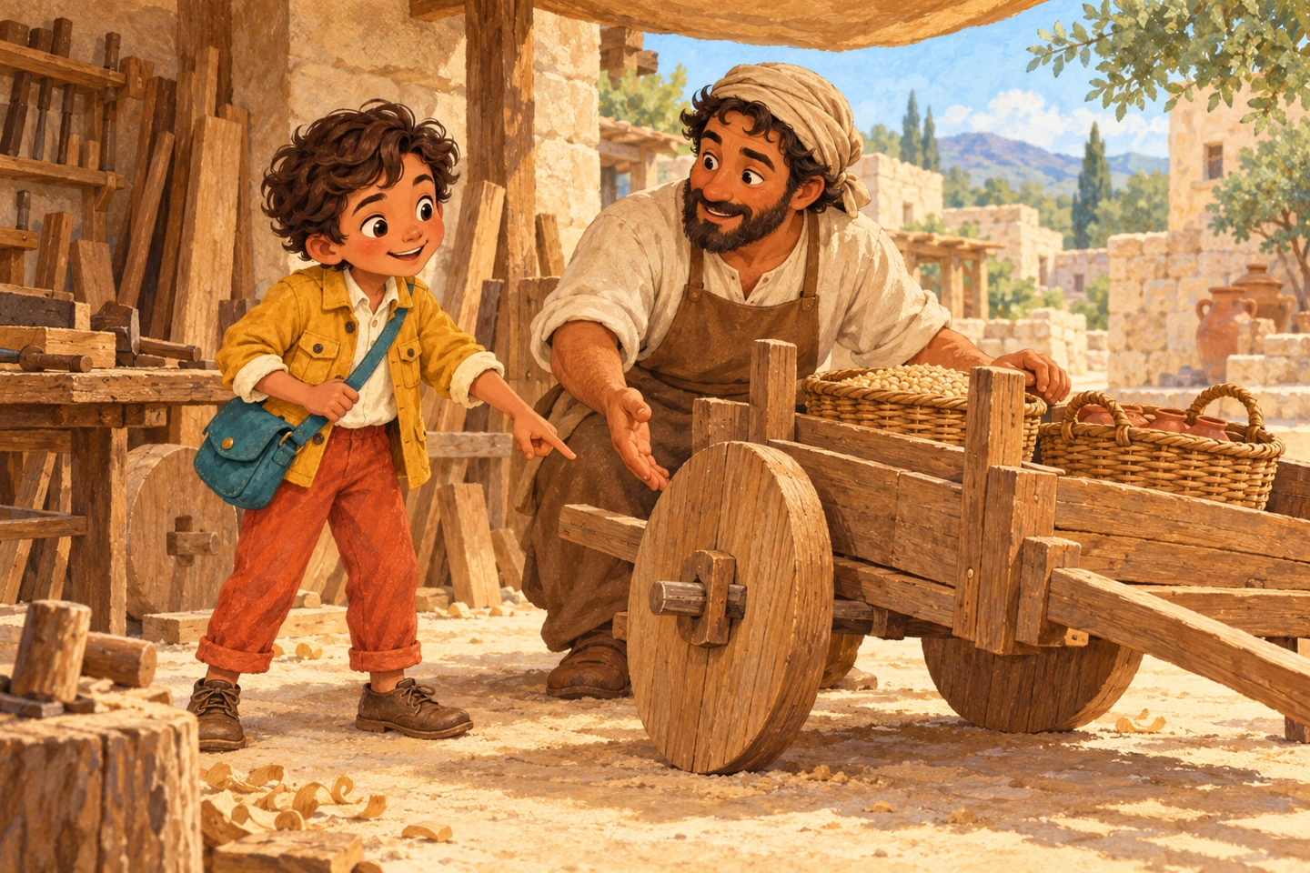 Fictional child explorer beside a wooden cart and a craftsperson in an imagined ancient workshop.